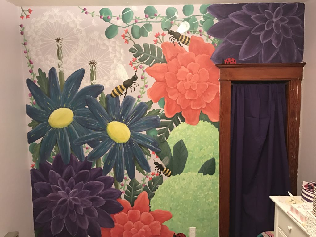 Floral painted wall mural